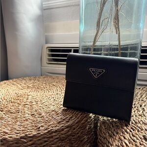 Prada Black Leather Tri-Fold Wallet with Logo Plaque